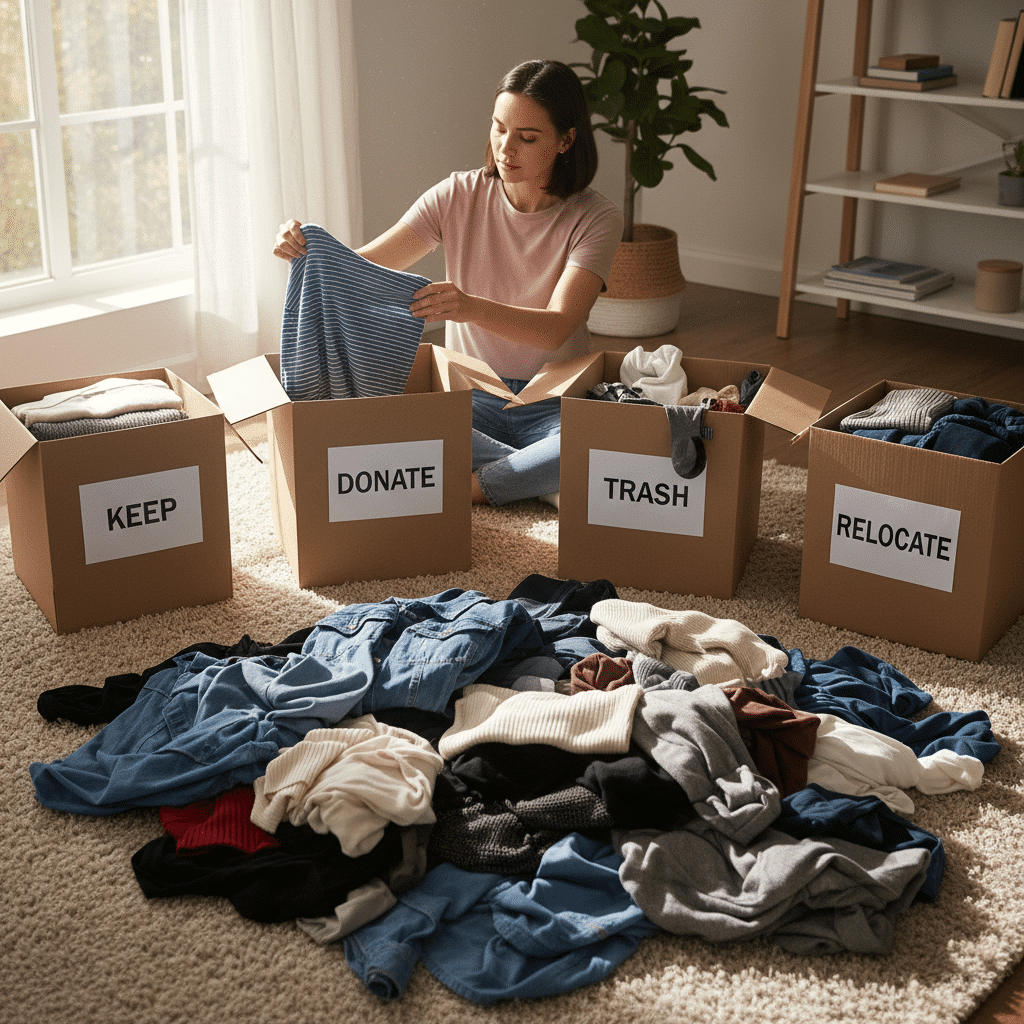 image Person organizing clothes into labeled boxes: Keep, Donate, Trash, Relocate, with clothes spread on the floor. | Sky Rye Design Person organizing clothes into labeled boxes: Keep, Donate, Trash, Relocate, with clothes spread on the floor.