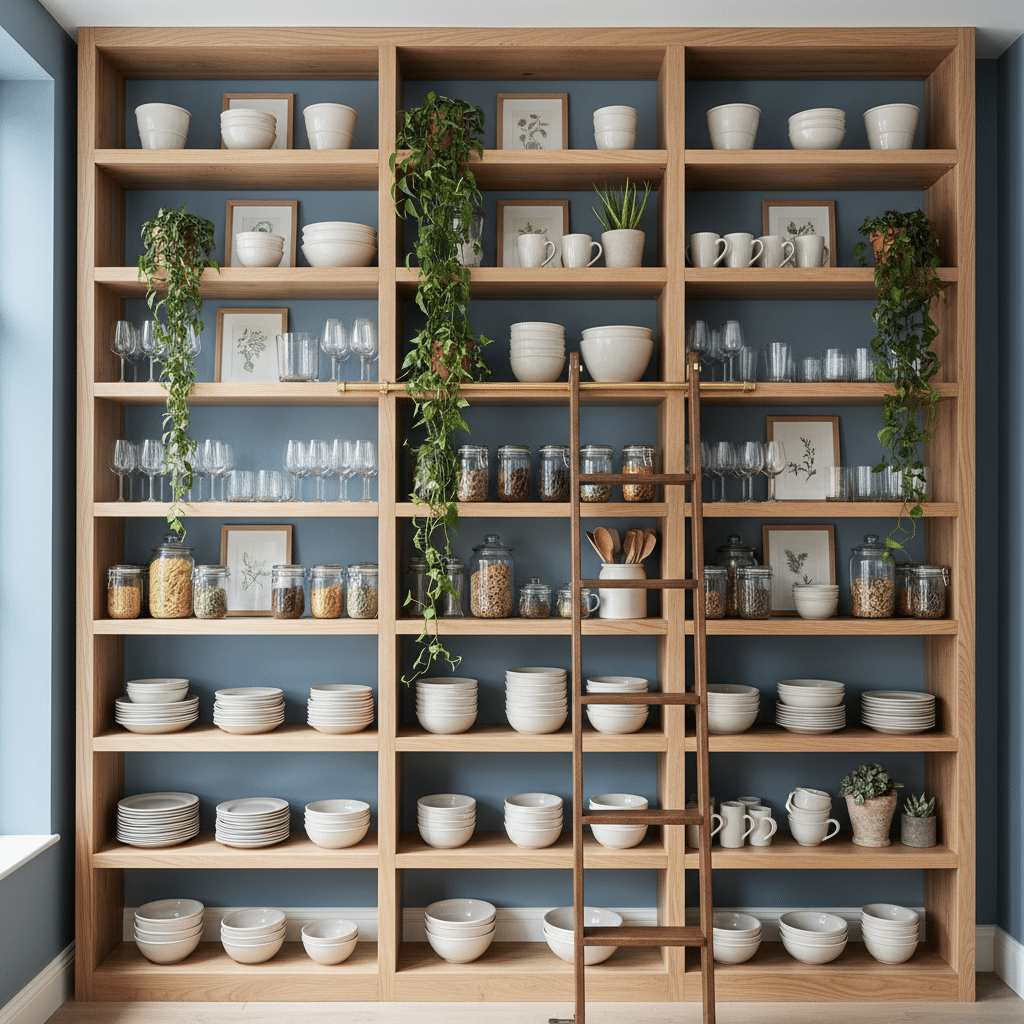 image Wall-mounted wooden shelf with dishes, glassware, jars, and plants; ladder for access. Organized kitchen storage. | Sky Rye Design Wall-mounted wooden shelf with dishes, glassware, jars, and plants; ladder for access. Organized kitchen storage.
