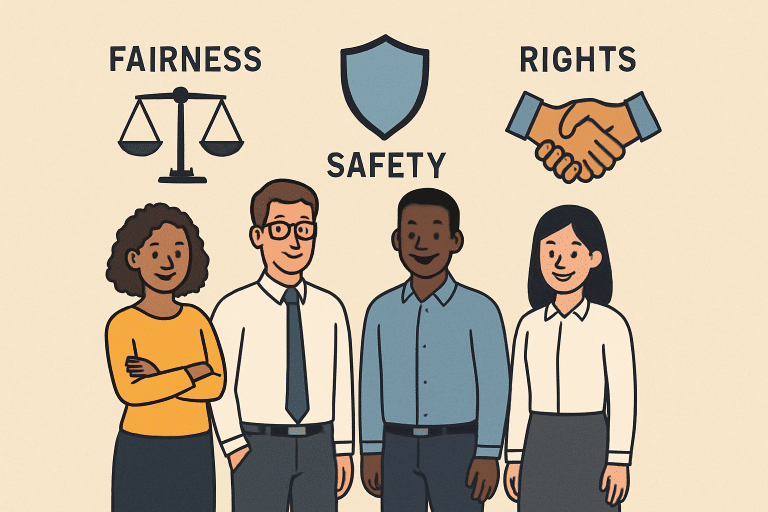image Diverse group of professionals promoting fairness, safety, and rights depicted by symbols of a scale, shield, and handshake. | Sky Rye Design Diverse group of professionals promoting fairness, safety, and rights depicted by symbols of a scale, shield, and handshake.