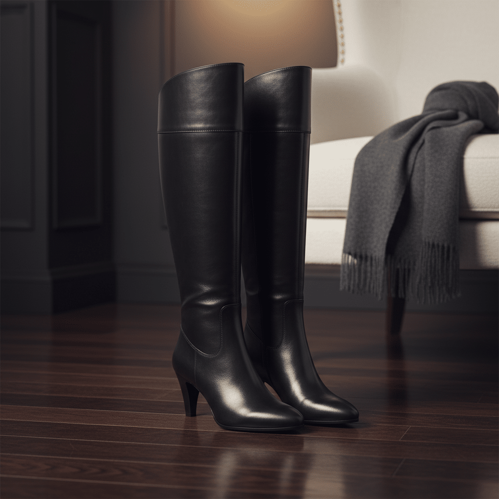 image Black leather knee-high boots on wooden floor near a chair with a gray scarf. | Sky Rye Design Black leather knee-high boots on wooden floor near a chair with a gray scarf.