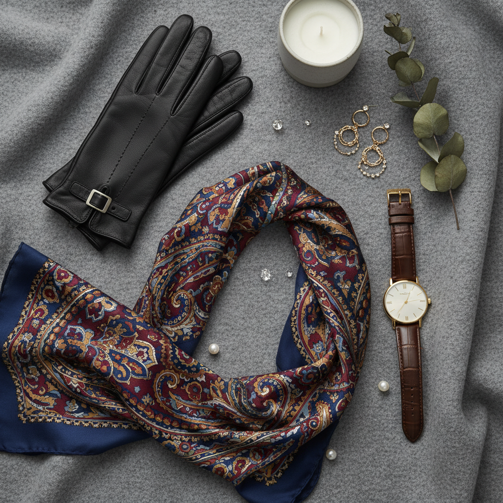 image Elegant accessories flat lay with leather gloves, patterned scarf, wristwatch, candle, earrings, and greenery on gray fabric. | Sky Rye Design Elegant accessories flat lay with leather gloves, patterned scarf, wristwatch, candle, earrings, and greenery on gray fabric.