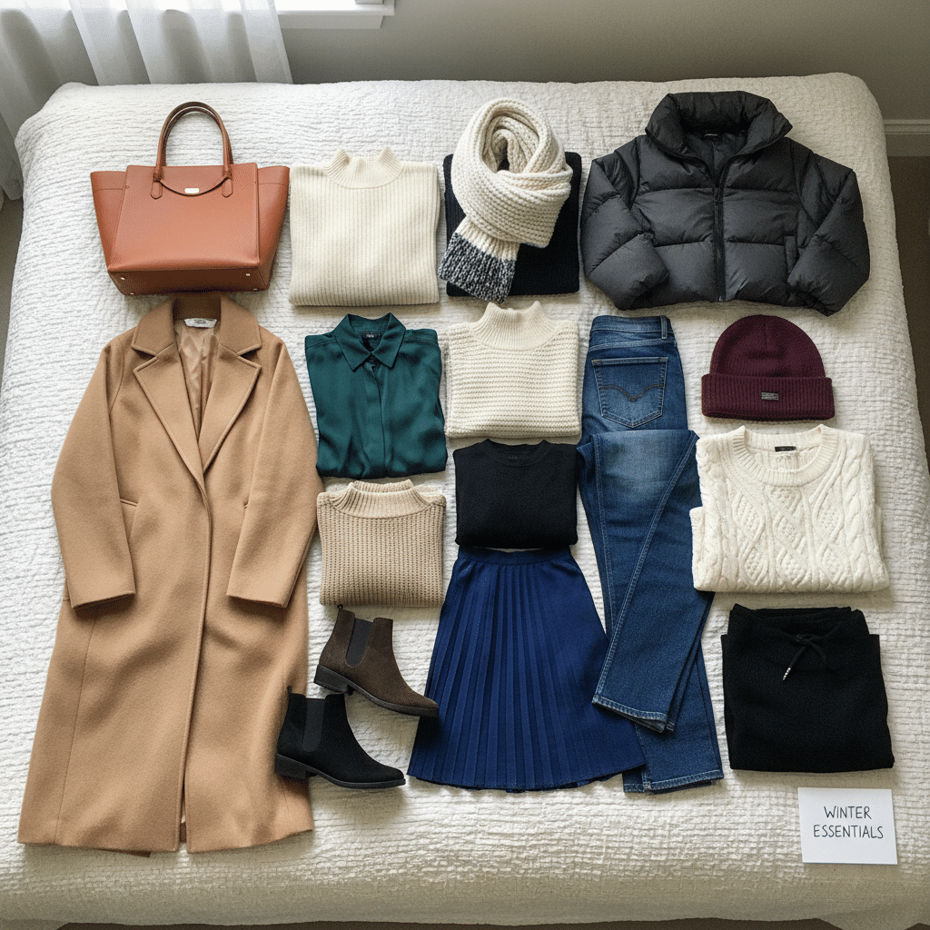 image Winter wardrobe essentials: coat, sweater, jeans, boots, bag, scarf, hat, and more laid out neatly on a bed. | Sky Rye Design Winter wardrobe essentials: coat, sweater, jeans, boots, bag, scarf, hat, and more laid out neatly on a bed.
