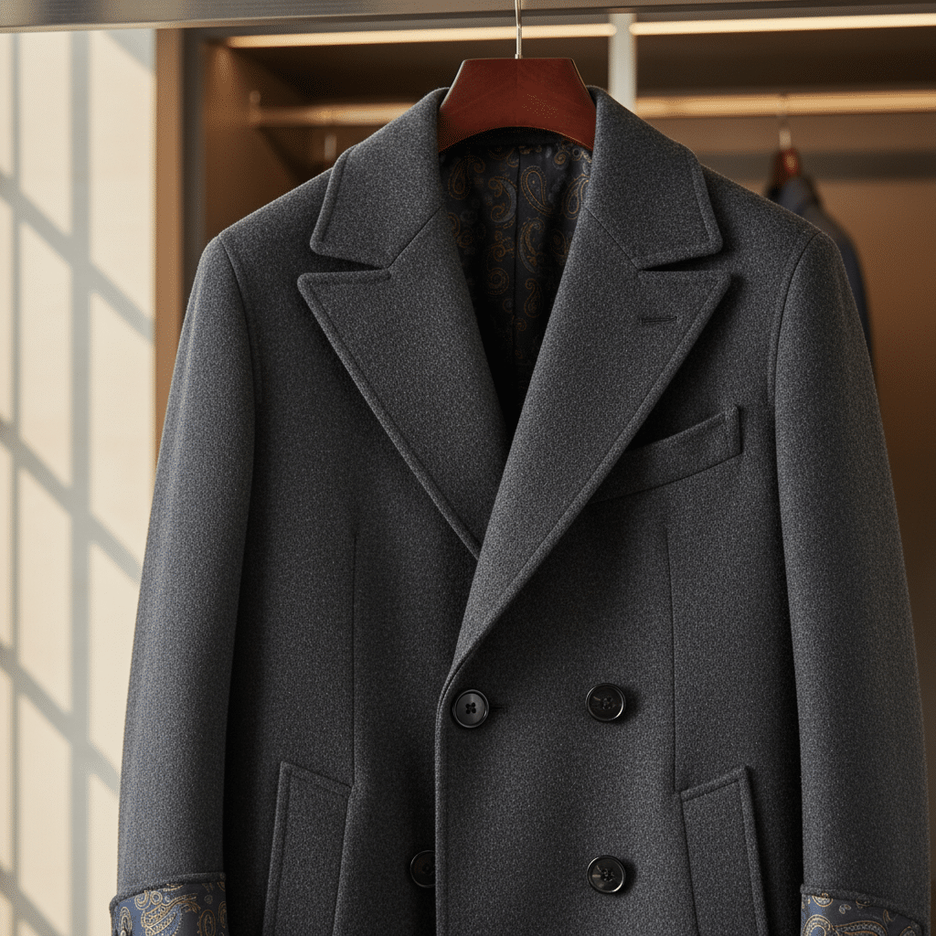 image Gray double-breasted coat with paisley lining on a hanger in a stylish, modern wardrobe setting. | Sky Rye Design Gray double-breasted coat with paisley lining on a hanger in a stylish, modern wardrobe setting.