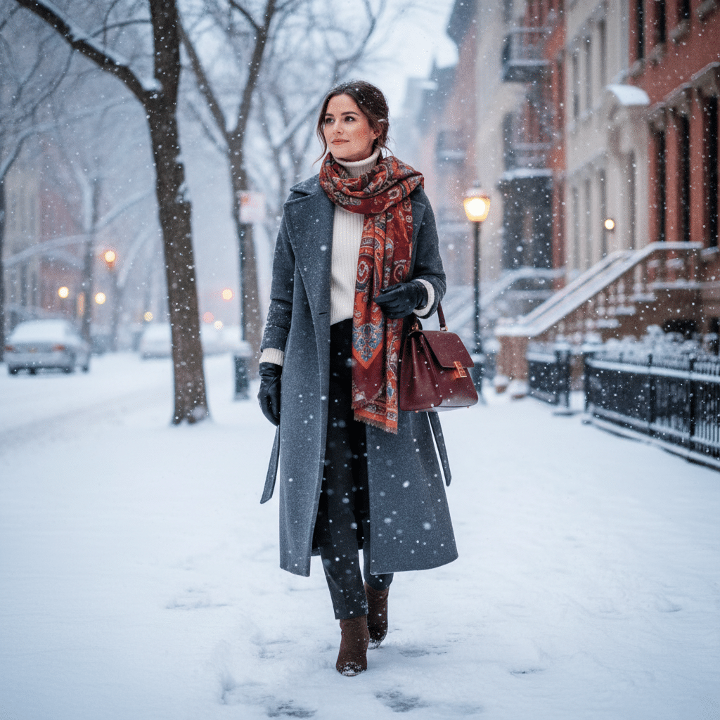 image Woman in stylish winter coat walking through snowy city street, holding a bag, wearing a patterned scarf. | Sky Rye Design Woman in stylish winter coat walking through snowy city street, holding a bag, wearing a patterned scarf.