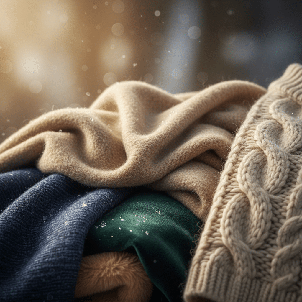 Cozy woolen sweaters in warm tones with intricate patterns, perfect for winter fashion and comfort.