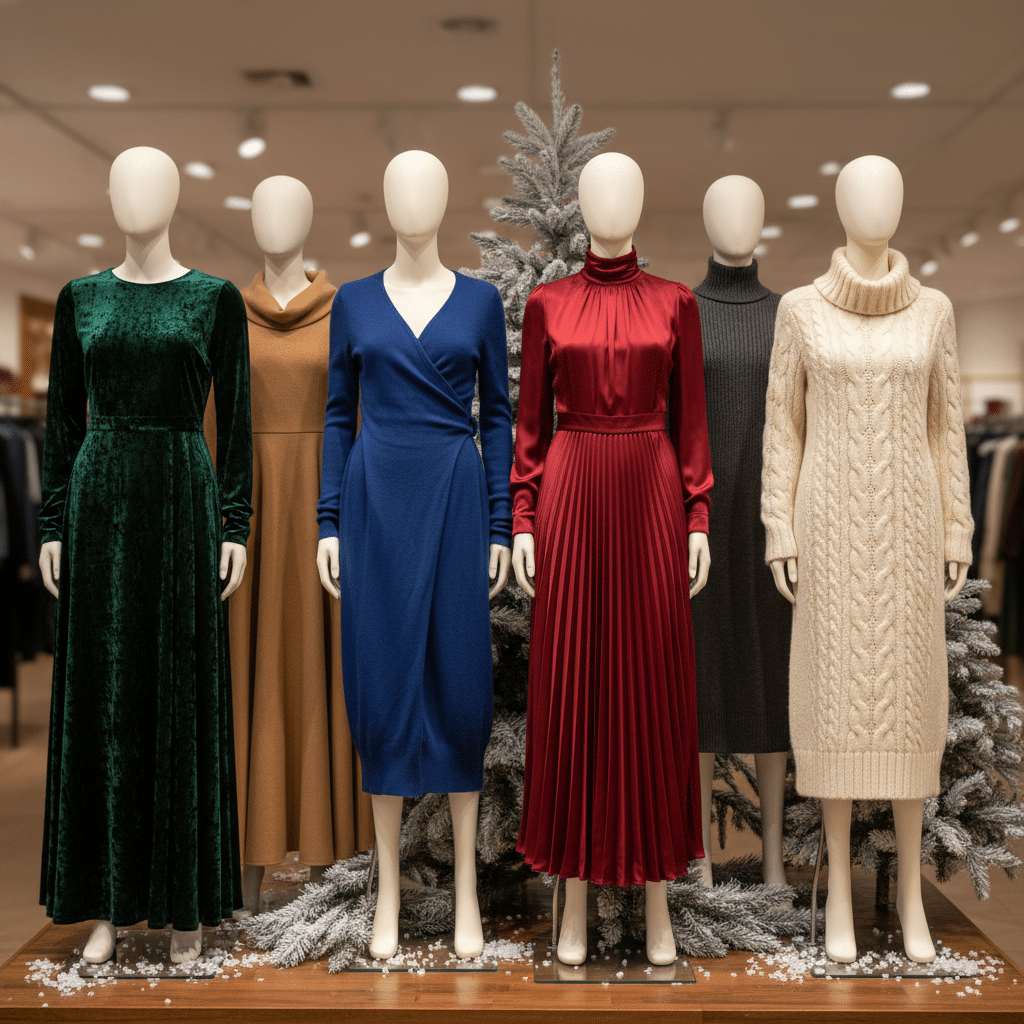 Mannequins display elegant winter dresses in various colors, set against a festive, snowy backdrop.