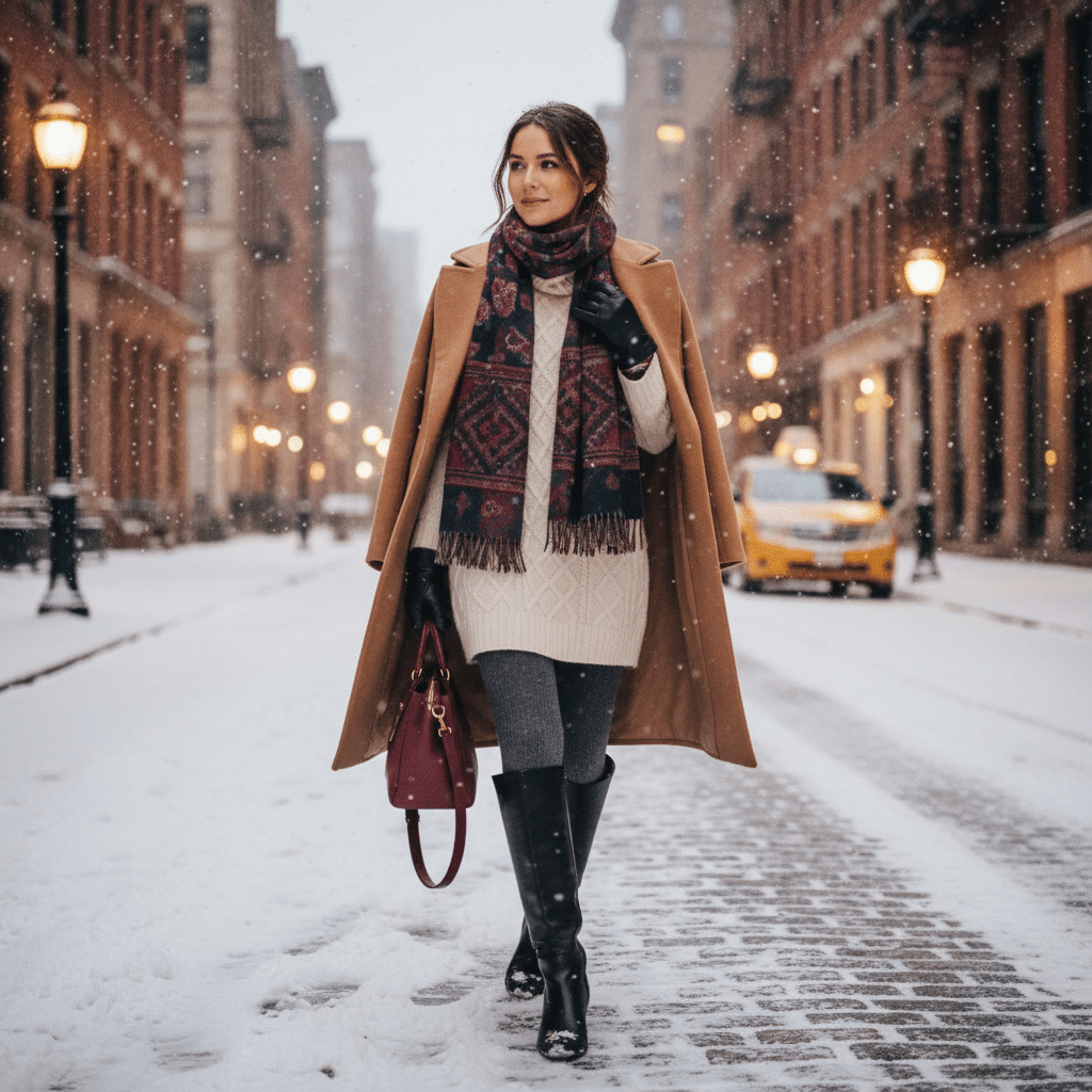 Stylish woman in winter coat walking on snowy city street with a handbag and scarf, surrounded by buildings and lights.