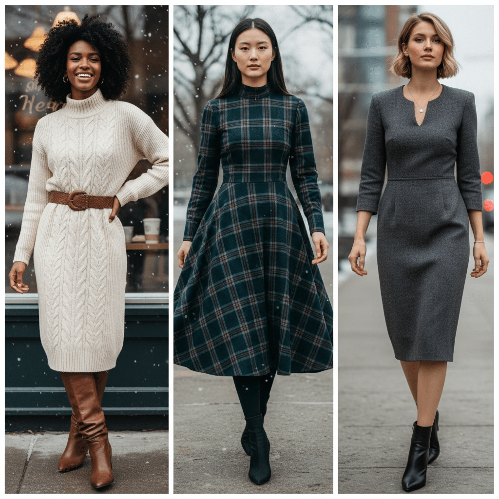 Three women in stylish winter dresses and boots walking in snowy urban settings. Fashion, winter wear, elegance.