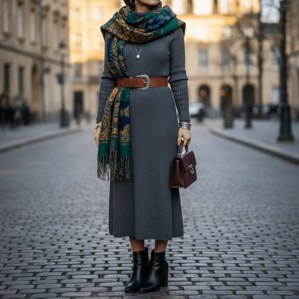Stylish woman in gray dress and boots, accessorized with a scarf and bag, standing on a city street.