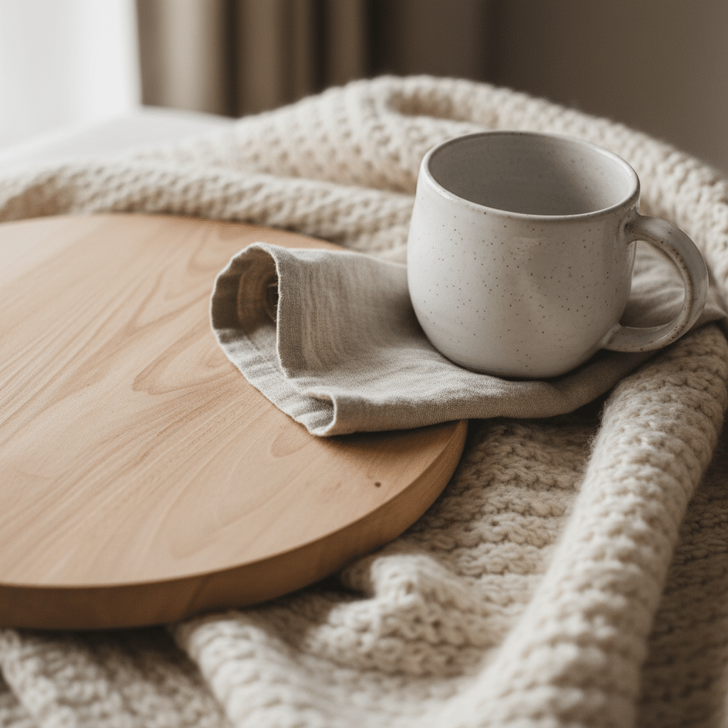 Ceramic mug on cozy beige knit blanket with wooden tray, creating a warm and inviting atmosphere for relaxation.