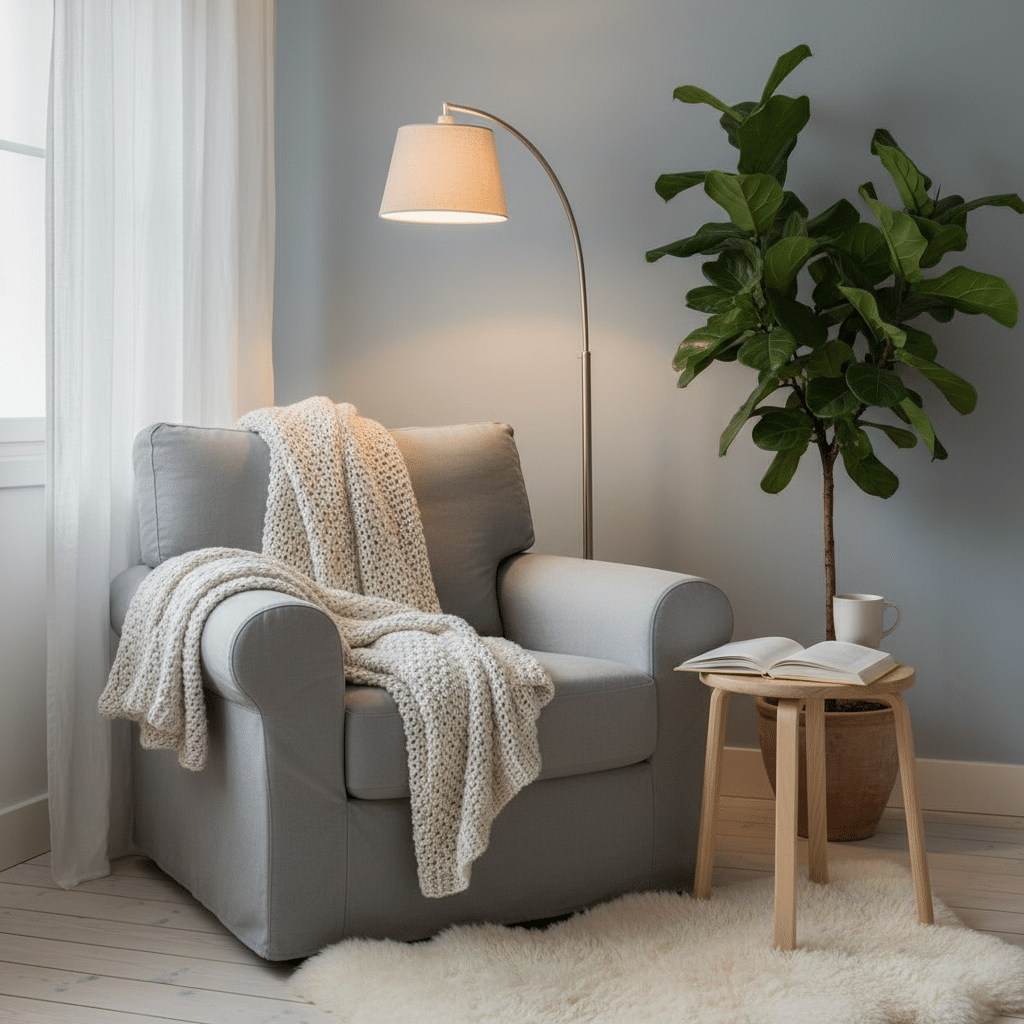 Cozy reading nook with gray armchair, soft throw, floor lamp, and potted plant. Open book and mug on side table.