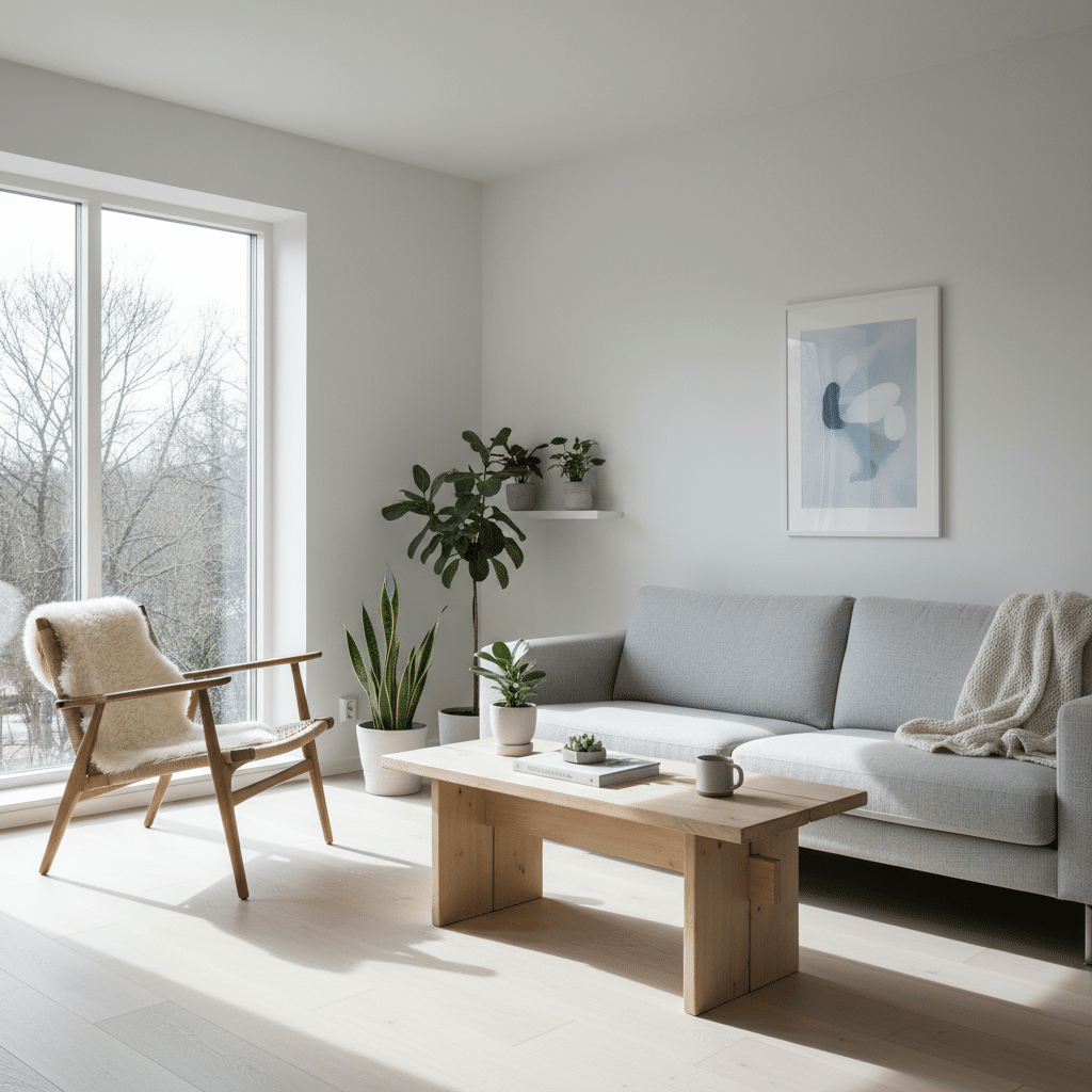 Modern minimalist living room with gray sofa, wooden accents, and houseplants by large window. Cozy and bright space.