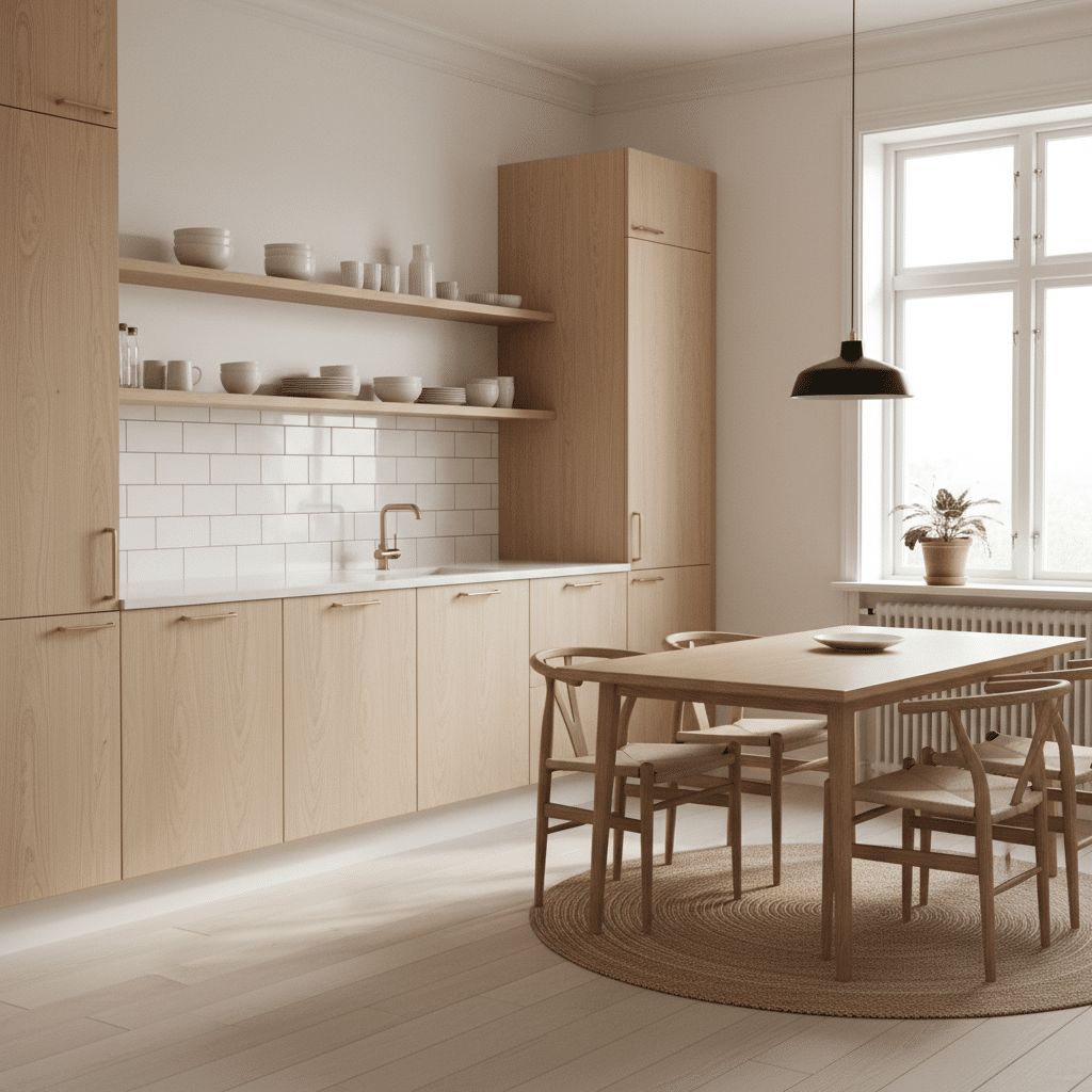 Minimalist kitchen with wooden cabinets, dining table, white subway tiles, and large window for natural light.