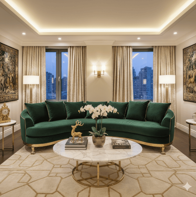 Luxurious living room with green velvet sofa, marble table, and city view through large windows.