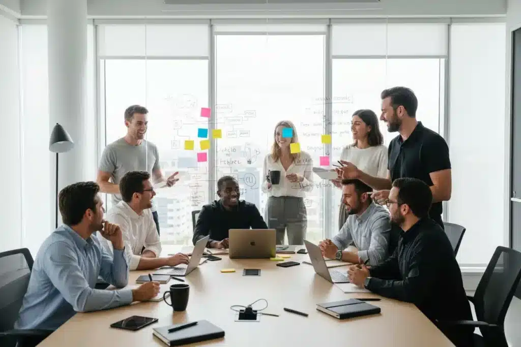 image_1760958051421 Team collaborating in a bright office, using laptops and sticky notes on a glass wall for brainstorming. | Sky Rye Design Team collaborating in a bright office, using laptops and sticky notes on a glass wall for brainstorming.