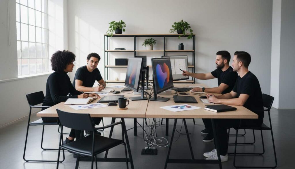 Team collaborating in modern office with computers and documents on large table.