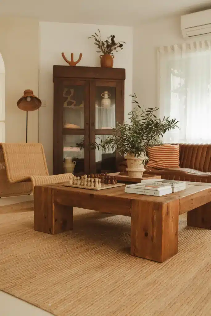| Sky Rye Design Cozy living room with rustic wooden table, chess set, and potted plant, creating a warm and inviting atmosphere.