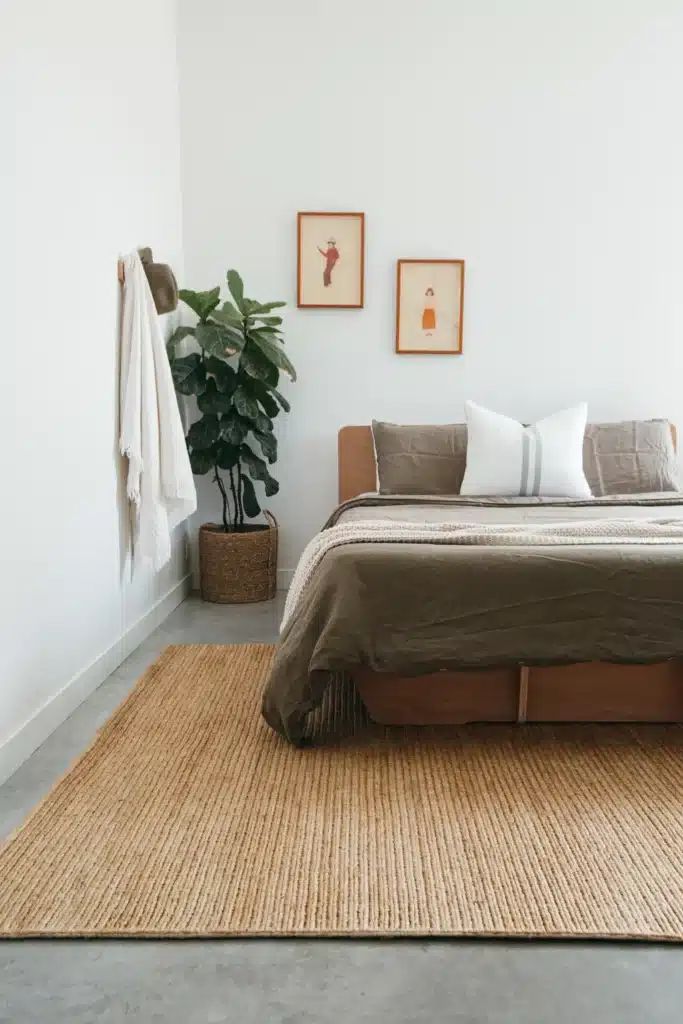 | Sky Rye Design Modern bedroom with minimalist decor, featuring a cozy bed, indoor plant, and woven rug on a neutral concrete floor.