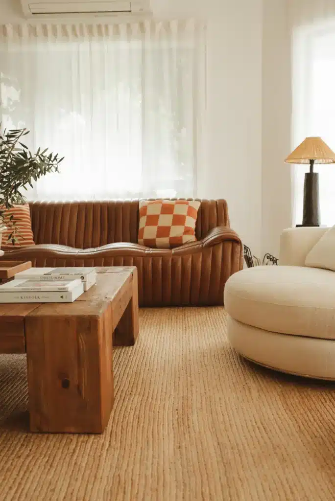 | Sky Rye Design Cozy living room with brown leather sofa, checkered pillow, wooden coffee table, and cream chair. Warm, inviting decor.