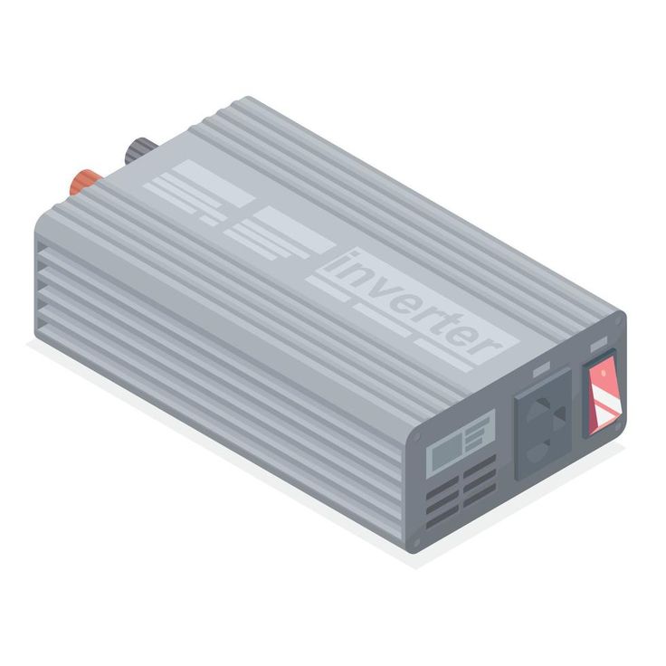 Isometric illustration of a portable power inverter for efficient electricity conversion, featuring plugs and vents.