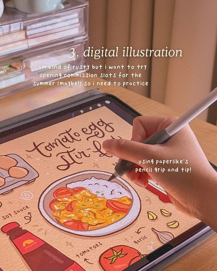 Person drawing digital illustration of tomato egg stir-fry recipe on tablet, promoting Paperlike pencil grip and tip.