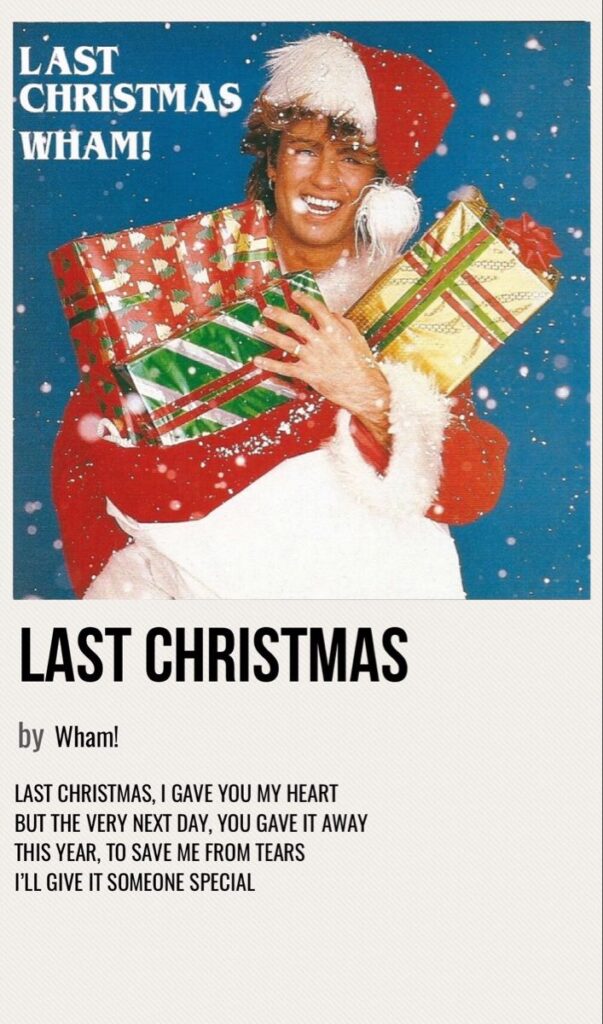 Festive album cover for 'Last Christmas' by Wham! featuring a person in a Santa hat holding gifts in the snow.