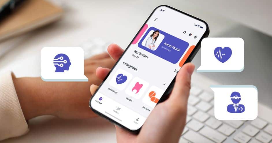 leveraging_ai_powered_virtual_health_assistants_for_enhanced_patient_education_13dabc22ce Person using a healthcare app on a smartphone, displaying doctor profiles and medical categories. | Sky Rye Design Person using a healthcare app on a smartphone, displaying doctor profiles and medical categories.