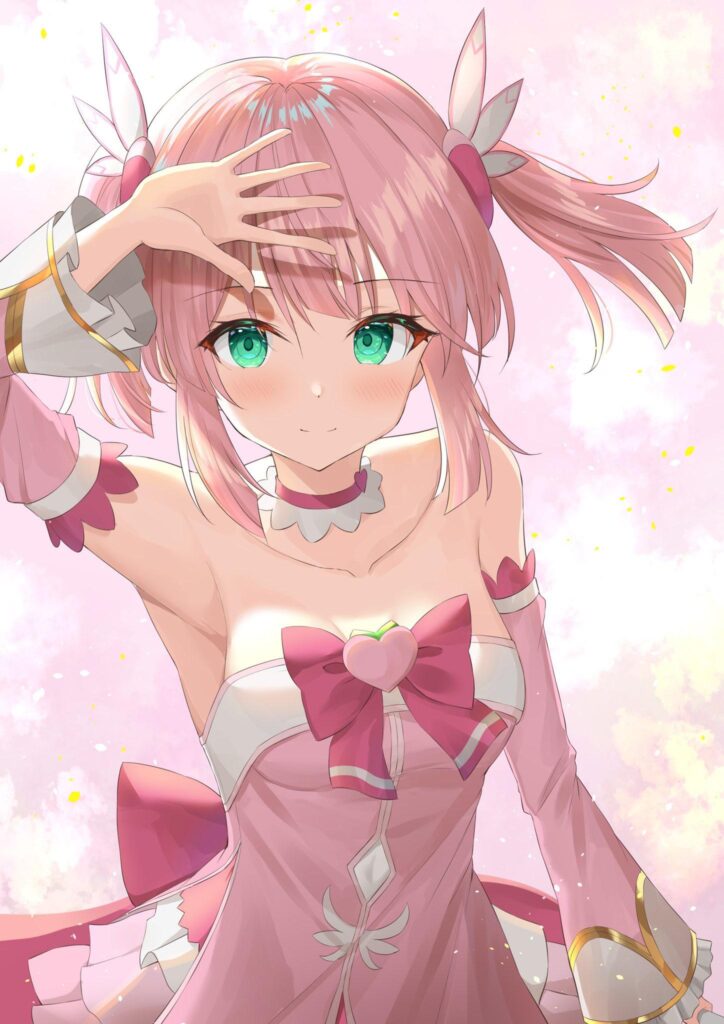 Anime girl with pink hair and a bow, wearing a pink dress, smiles with a hand on her forehead, pink background.