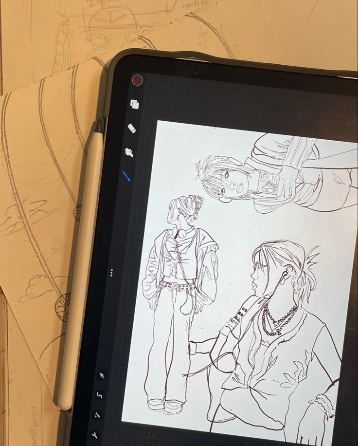 Digital artwork on tablet showing sketched characters, with pencil sketches in the background.