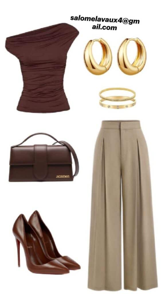 Stylish women's outfit: brown top, beige pants, gold hoops, purse, heels, and bracelets. Email address watermark.