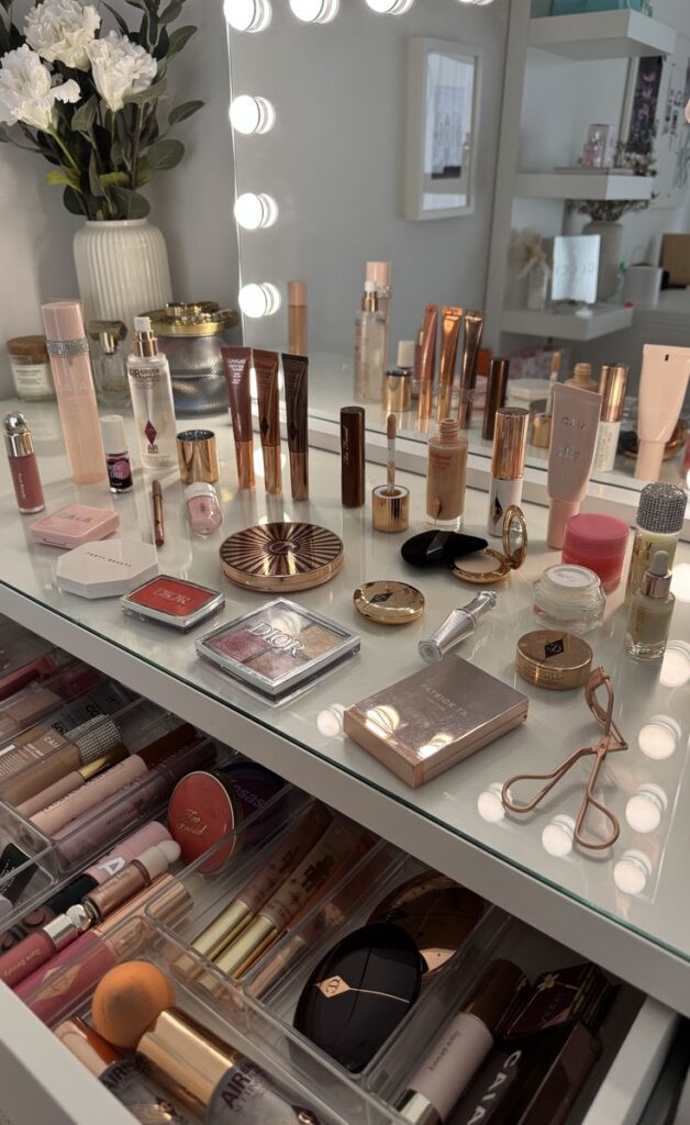 makeup Vanity table with makeup products neatly organized, featuring cosmetics and skincare in a bright, stylish setting. | Sky Rye Design Vanity table with makeup products neatly organized, featuring cosmetics and skincare in a bright, stylish setting.