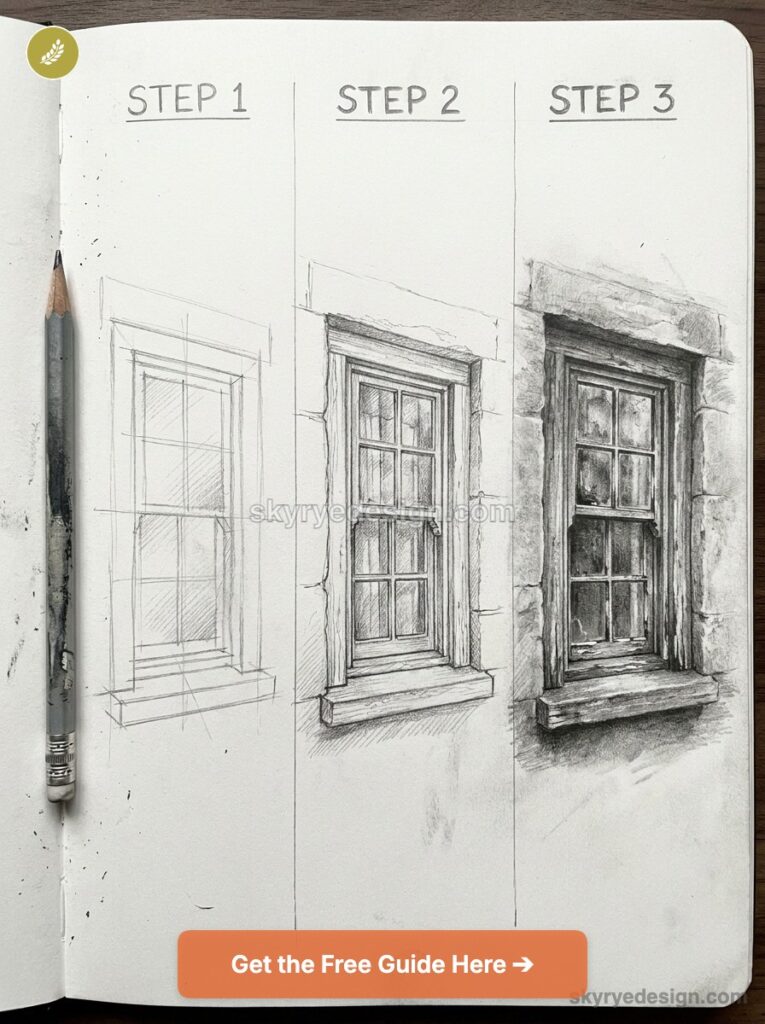 tutorial-victorian-cottage-window Triptych pencil drawing of a window, showing Step 1 rough outline, Step 2 mid-detail, Step 3 shaded final. | Sky Rye Design Pencil window drawing tutorial in sketchbook showing three steps: rough outline, refined form, and detailed shaded rendering.