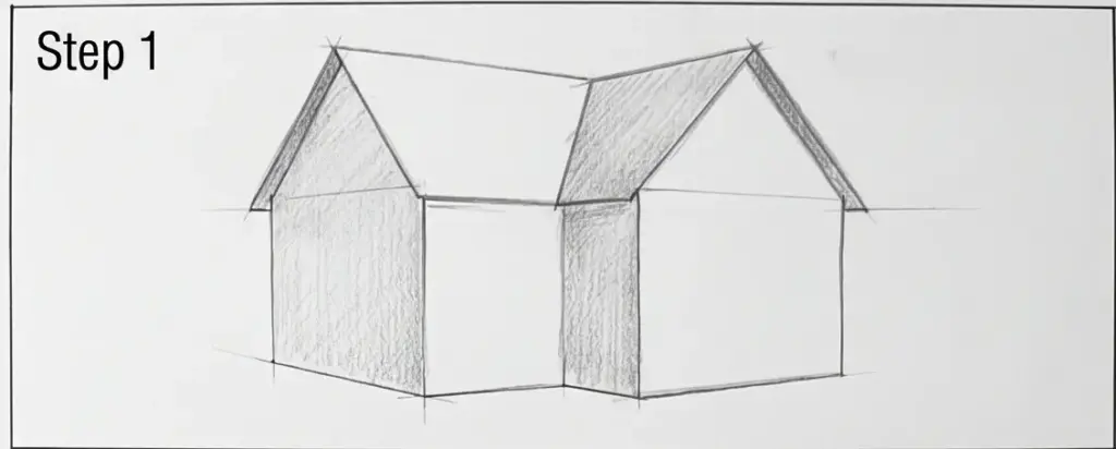simple-house-step-1-1 Drawing tutorial Step 1: pencil sketch of two simple houses in perspective with pitched roofs | Sky Rye Design Drawing tutorial Step 1: pencil sketch of two simple houses in perspective with pitched roofs