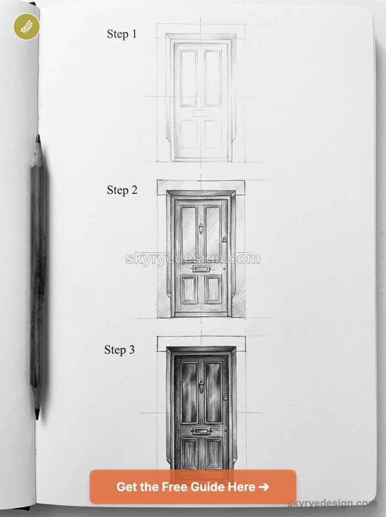 tutorial-victorian-cottage-the-door Three-step pencil sketch tutorial of a detailed front door in a sketchbook with a pencil and call-to-action button | Sky Rye Design Three-step pencil sketch tutorial of a detailed front door in a sketchbook with a pencil and call-to-action button