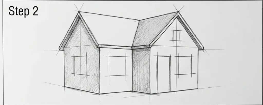 simple-house-step-1-2 Pencil perspective sketch of a two-gabled house with windows and door, 'Step 2' drawing tutorial | Sky Rye Design Pencil perspective sketch of a two-gabled house with windows and door,'Step 2' drawing tutorial