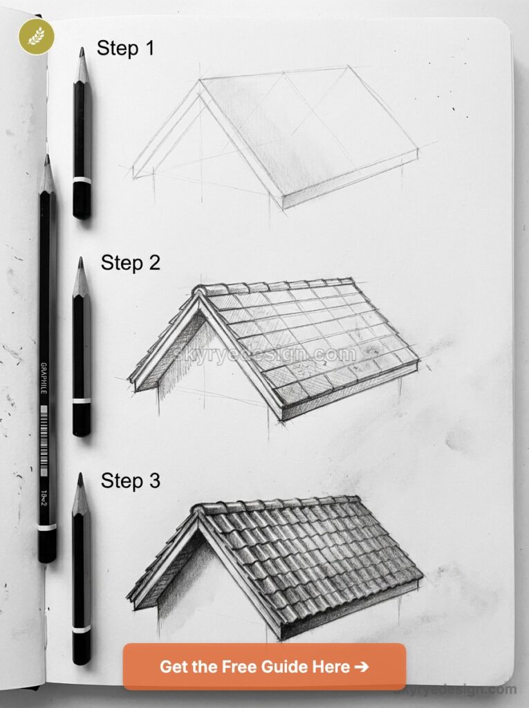 tutorial-simple-house-roof- Three-step pencil tutorial showing a tiled roof sketch progressing from outline to shaded tiles, pencils at left. | Sky Rye Design Three-step pencil tutorial showing a tiled roof sketch progressing from outline to shaded tiles, pencils at left.
