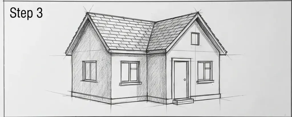 simple-house-step-1-3 Perspective pencil sketch of a small gabled house with windows and door - Step 3 of house drawing tutorial | Sky Rye Design Perspective pencil sketch of a small gabled house with windows and door - Step 3 of house drawing tutorial