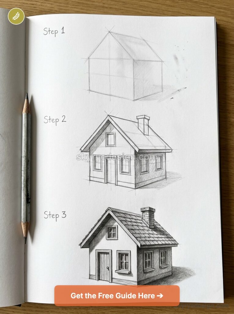tutorial-super-simple-house- Pencil drawing tutorial: step-by-step sketches of a small house in a sketchbook, labeled Step 1–3 with a pencil nearby | Sky Rye Design Pencil drawing tutorial: step-by-step sketches of a small house in a sketchbook, labeled Step 1–3 with a pencil nearby
