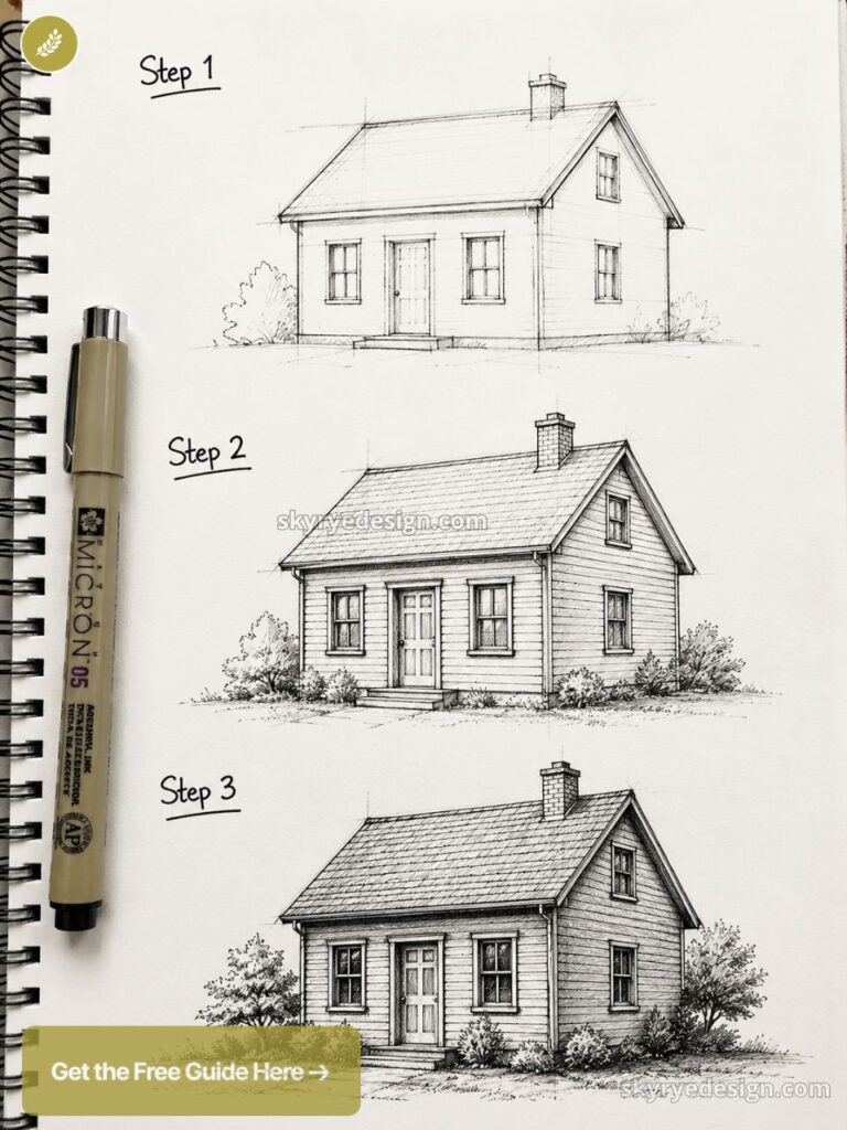 how-to-draw-additional-content - 2026-05-27T162924306 Three-step pen sketch tutorial of a small cottage on spiral sketchbook, showing stages 1–3 with Micron 05 pen | Sky Rye Design Three-step pen sketch tutorial of a small cottage on spiral sketchbook, showing stages 1–3 with Micron 05 pen