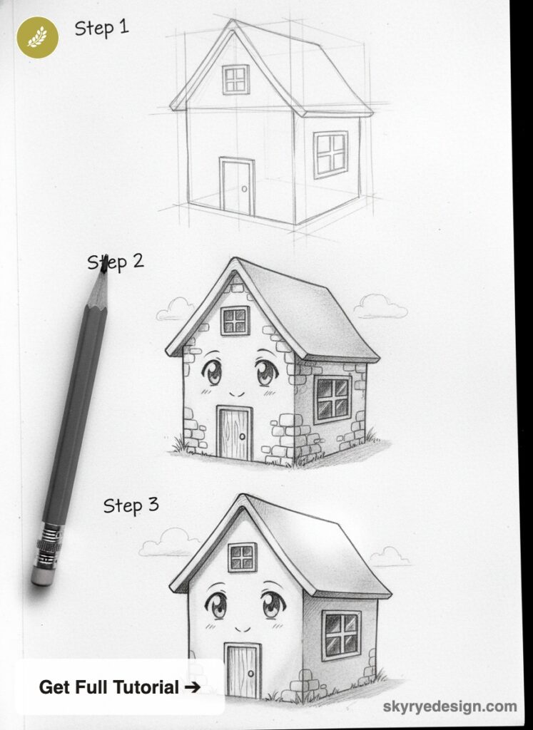 anime-tutorial-simple-house Pencil drawing tutorial: step-by-step kawaii house sketch with stone details, windows and door, pencil on paper. | Sky Rye Design Pencil drawing tutorial: step-by-step kawaii house sketch with stone details, windows and door, pencil on paper.