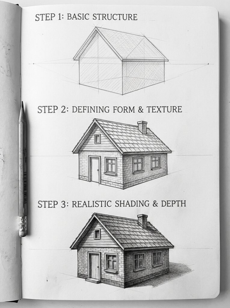 Pencil_drawing_tutorial_house_202605271626 Notebook page showing three pencil steps drawing a house: basic structure, form & texture, realistic shading. | Sky Rye Design Notebook page showing three pencil steps drawing a house: basic structure, form & texture, realistic shading.