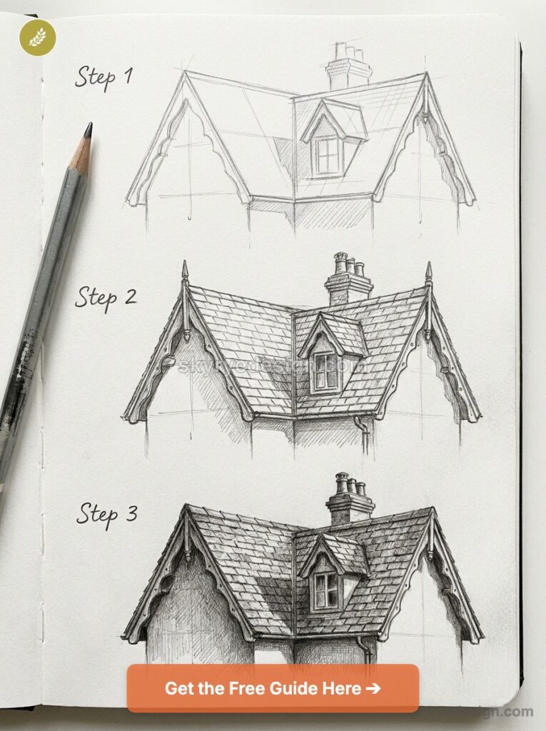 tutorial-victorian-cottage-roof Notebook page with three roof sketches labeled Step 1–3, showing a dormer and chimney; a pencil rests on the left. | Sky Rye Design Step-by-step pencil sketch tutorial showing three stages of a cottage roof and dormer, with pencil and guide button.
