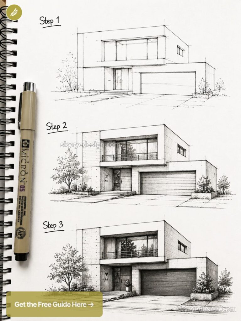 how-to-draw-additional-content - 2026-05-27T163227717 Modern two-story house architectural pen sketches (Step 1-3) on a spiral sketchbook with Micron 05 pen | Sky Rye Design Modern two-story house architectural pen sketches (Step 1-3) on a spiral sketchbook with Micron 05 pen