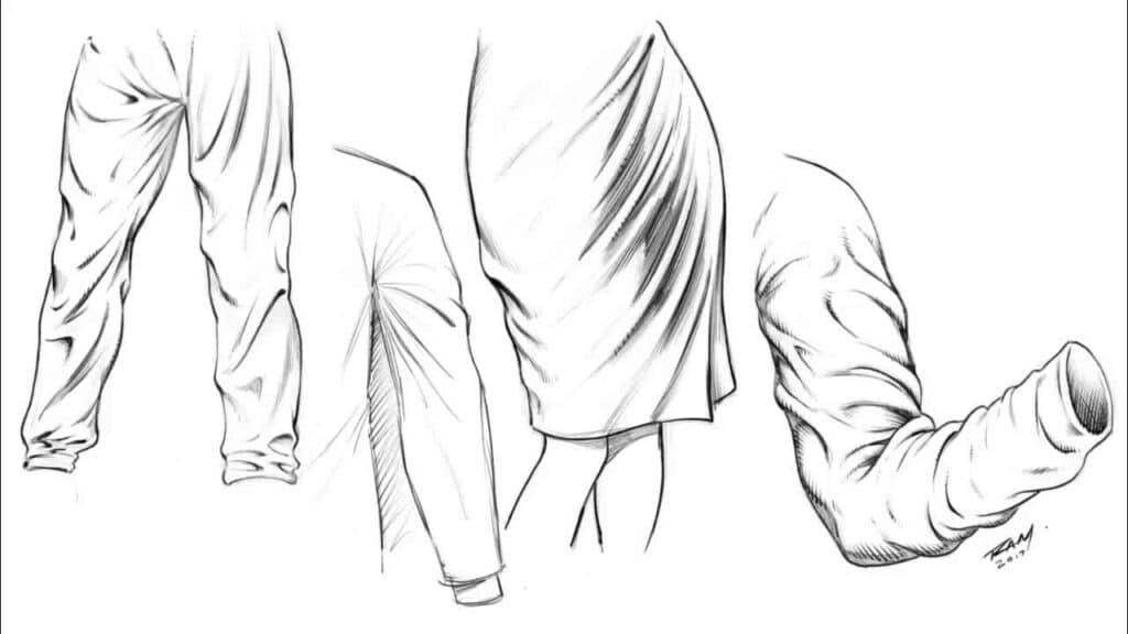 Sketches of clothing folds: pants, dress, and sleeve. Detailed shading illustrates fabric texture and movement.