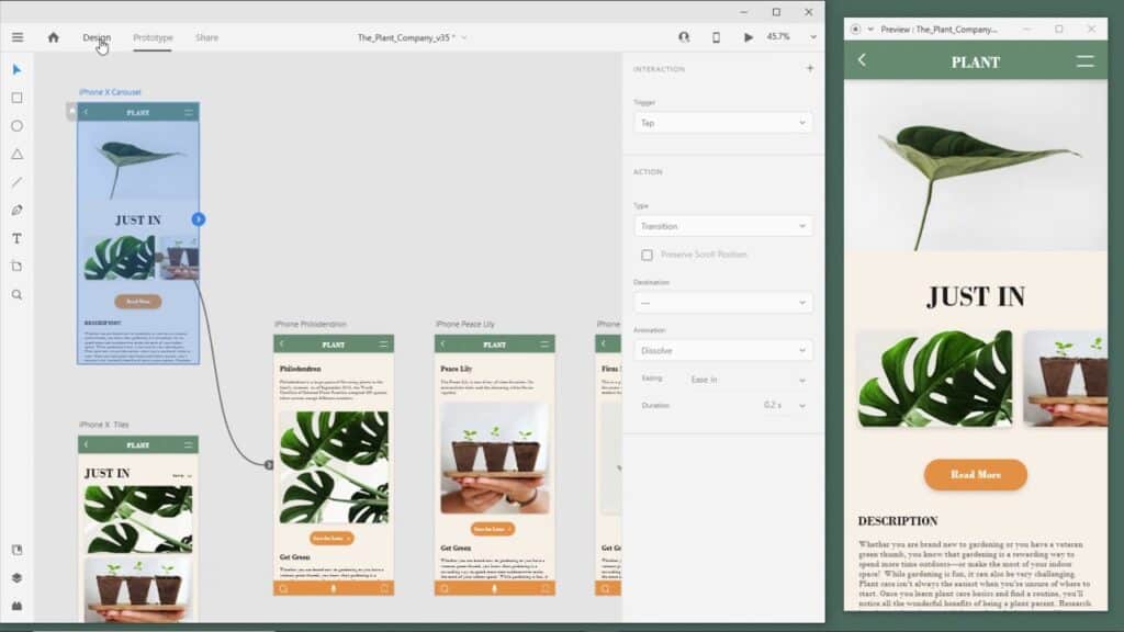 Designing a plant app interface with mobile previews and user interactions on display screen.