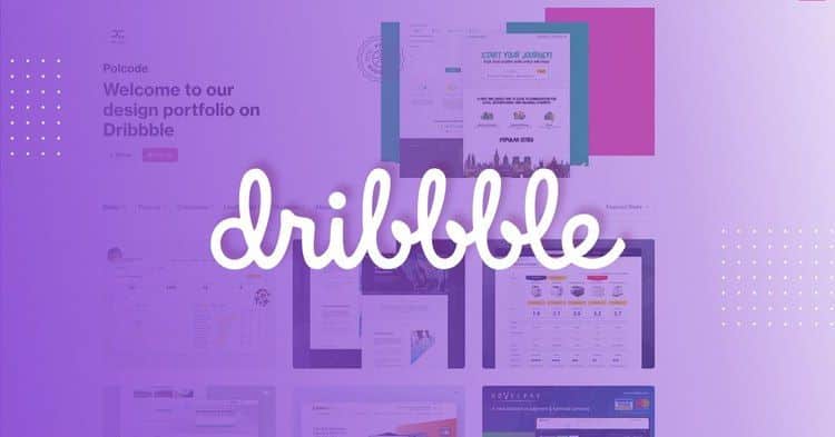 Dribbble design portfolio showcase with a creative layout featuring various digital projects on a purple background.