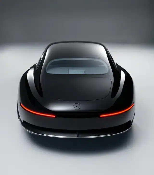 mercedes-benz-vision-iconic-v0-prpag43rg1vf1 Sleek black luxury sports car with illuminated red tail lights, rear view. | Sky Rye Design Sleek black luxury sports car with illuminated red tail lights, rear view.