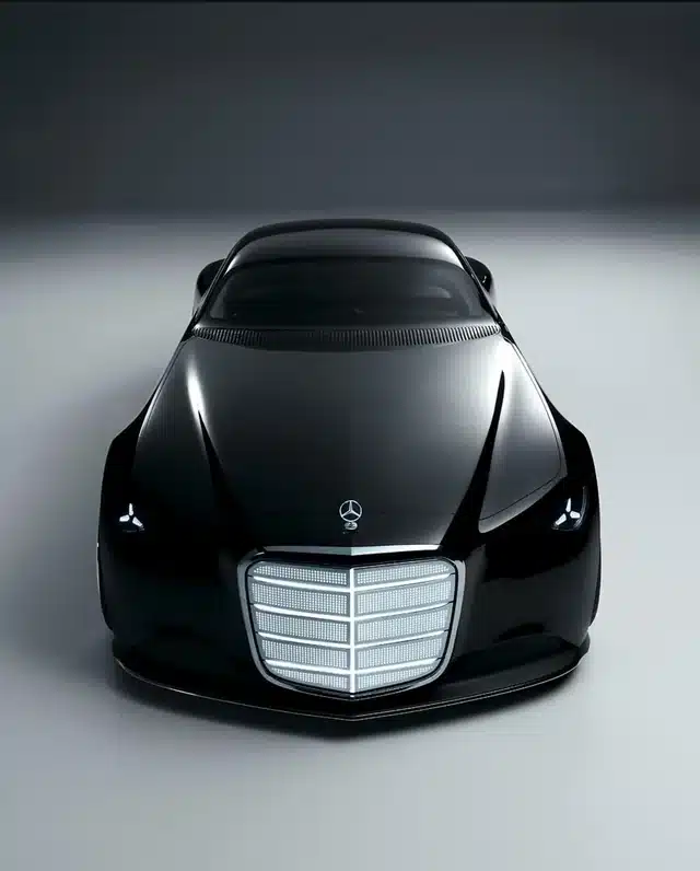 mercedes-benz-vision-iconic-v0-vnmo543rg1vf1 Sleek black luxury car with aerodynamic design and prominent grille, studio lighting highlights the elegant curves. | Sky Rye Design Sleek black luxury car with aerodynamic design and prominent grille, studio lighting highlights the elegant curves.