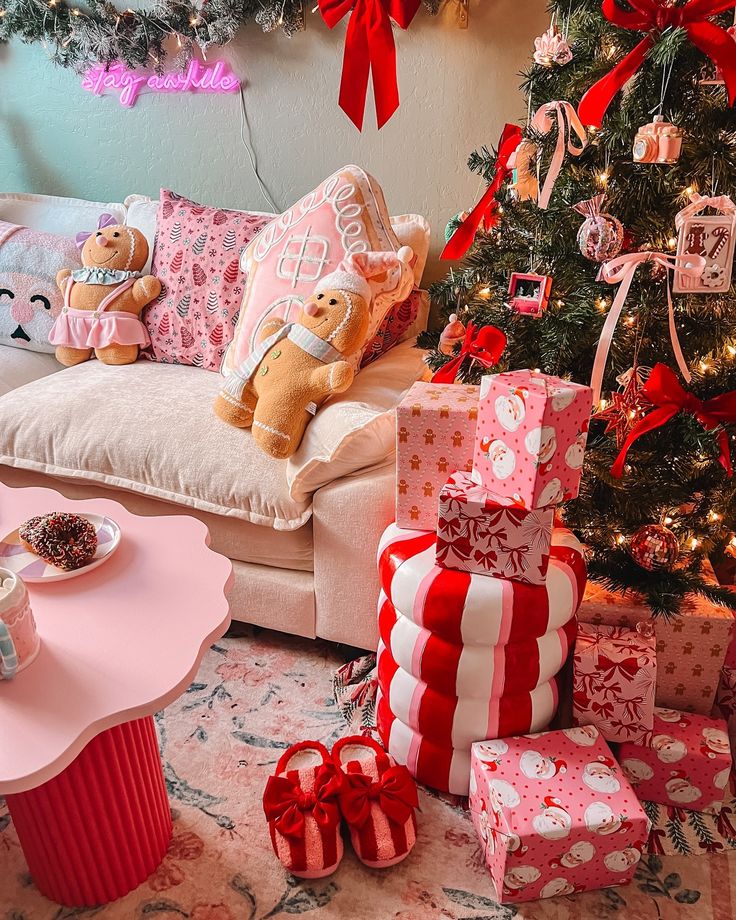merry christmas eve eve 🎀🎄💫 probably my last Cozy holiday scene with festive decorations and a Christmas tree, wrapped gifts, and plush toys on a sofa. | Sky Rye Design Cozy holiday scene with festive decorations and a Christmas tree, wrapped gifts, and plush toys on a sofa.