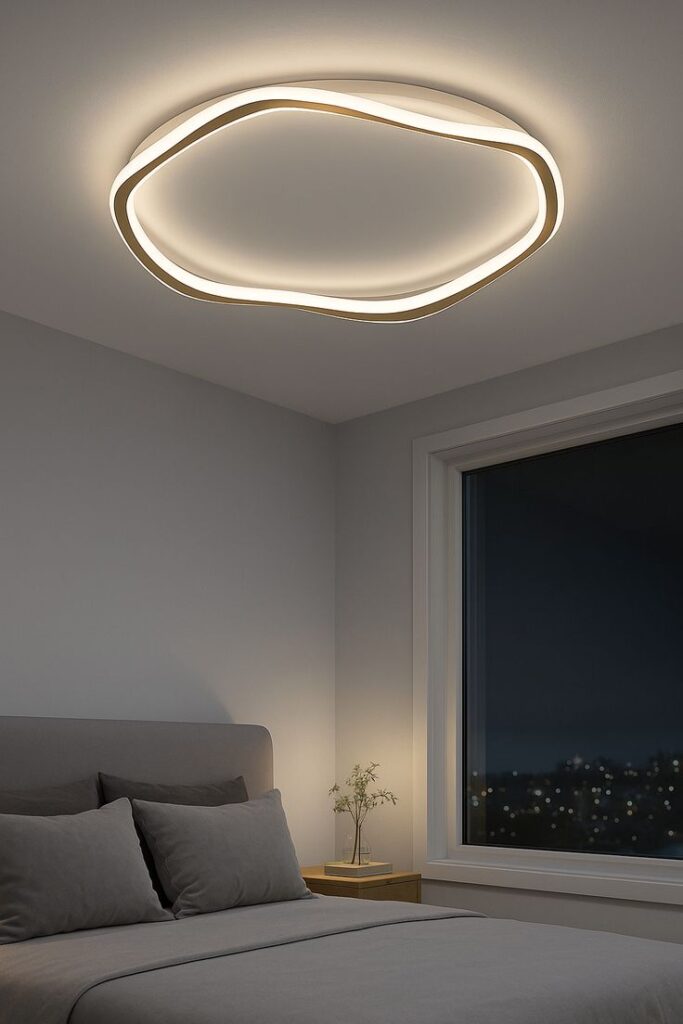minimalist flush mount ceiling lamp Modern bedroom with unique circular LED ceiling light and cozy bed by a large window overlooking a cityscape at night. | Sky Rye Design Modern bedroom with unique circular LED ceiling light and cozy bed by a large window overlooking a cityscape at night.